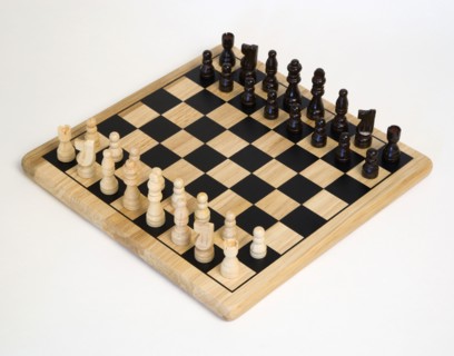 Toys, Games, Board Games, Chess board with pieces laid out for start of game against a white
