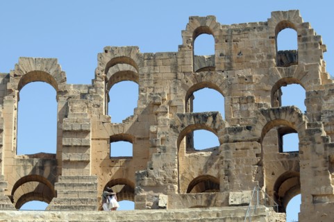Tunisia, El Jem, Roman Colosseum with tourists.