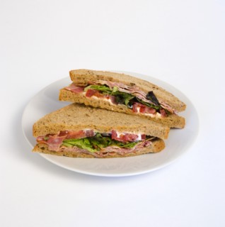 Food, Meal, Snack, Bacon lettuce and tomato BLT sandwich on a white plate against a white