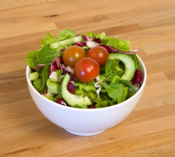 Food, Vegetables, Salad, White bowl of green leaf salad with tomatoes and cucumber on a wooden