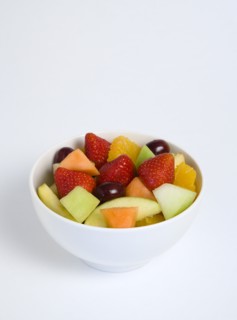 Food, Fruit, Salad, White bowl of fresh fruit salad on a white background.