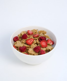Food, Meals, Cereals, White breakfast bowl of bran flake cereal with freeze dried fruits of