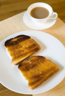 Food, Cooked, Bread, Table setting of two slices of buttered toast on a plate beside a cup of tea