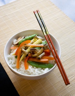 Food, Cooked, Vegetables, Stir fried vegetables and plain boiled rice in a bowl with chopsticks