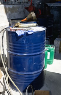 Industry, Oil, Storage, Five hundred litre oil drum in workshop.