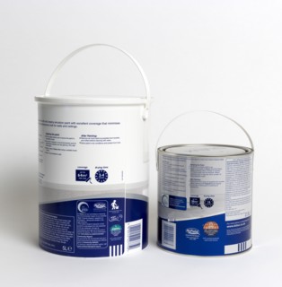 Architecture, Construction, Decorating, Pots of gloss and emulsion paint showing coverage and
