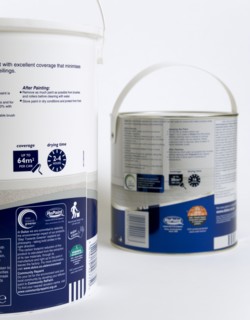 Architecture, Construction, Decorating, Pots of gloss and emulsion paint showing coverage and