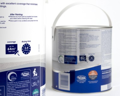 Archirecture, Construction, Decorating, Pots of gloss and emulsion paint showing coverage and