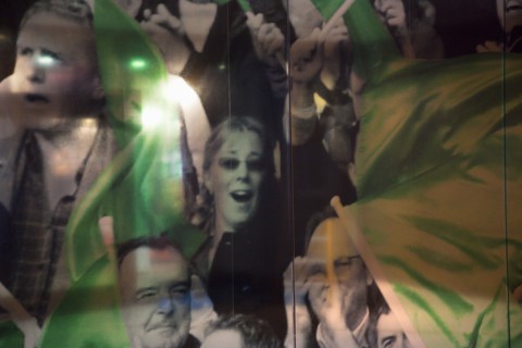 Ireland, County Dublin, Dublin City, Ballsbridge, Lansdowne Road, Photo Montage galss wall at the