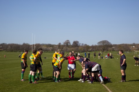 England, West Sussex, Shoreham-by-Sea, Rugby Teams playing on Victoria Park playing fields. Referee