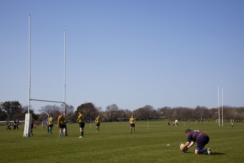 England, West Sussex, Shoreham-by-Sea, Rugby Teams playing on Victoria Park playing fields. Player