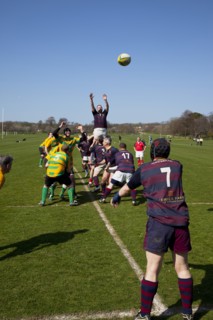England, West Sussex, Shoreham-by-Sea, Rugby Teams playing on Victoria Park playing fields. Ball