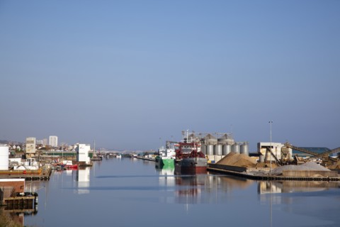 England, West Sussex, Southwick, View of calm waters of Shoreham Harbour.
