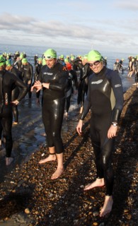 England, West Sussex, Goring-by-Sea, Worthing Triathlon 2009, male competitors at the swim start.