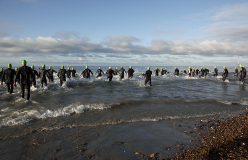 England, West Sussex, Goring-by-Sea, Worthing Triathlon 2009, male competitors at the swim start.