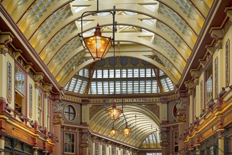 England, London, The City, Leadenhall Market interior detail of the vaulted ceiling.