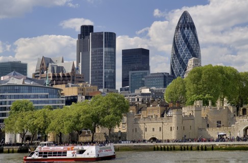 England, London, Tower Bridge, View across River Thames and Tower of London toward the City