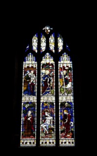 England, West Sussex, East Grinstead, Details of the staiined glass windows in Church of St Swithun