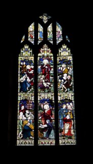 England, West Sussex, East Grinstead, Details of the stained glass windows in Church of St Swithun.