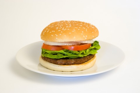 Food, Cooked, Hamburger, Single quarter pound burger with onoin tomato and lettuce in a bun on a