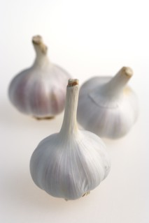 Food, Herbs, Garlic, Three bulbs of garlic Allium sativum against a white background.