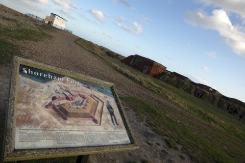England, West Sussex, Shoreham-by-Sea, Tourist map of old fort ruins next to harbour entrance.