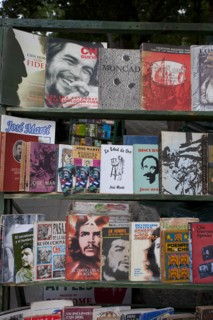 Cuba, Havana, Old, Havana, Plaza de Armas market, second hand books stall with Che Guevara books.