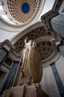 Cuba, Havana, Centro Habana, Capitolo Nacional, Low angle view of the impressive bronze Statue of