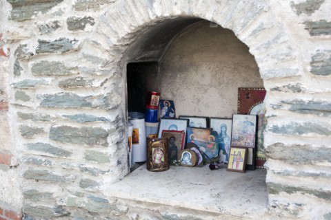 Greece, Macedonia, Thessaloniki, Greek Christian Orthodox religious icons inside a small