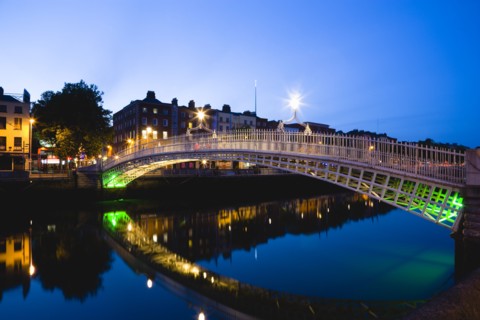Ireland, County Dublin, Dublin City, The 1816 cast iron Ha Penny or Half Penny Bridge across the