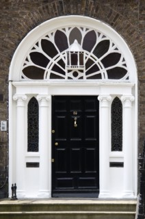 Ireland, County Dublin, Dublin City, Ornate black and white Georgian doorway in the city centre