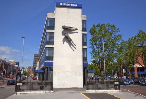 Ireland, North, Belfast, Shaftesbury Square, Artwork on the facade of the Ulster Bank Building.