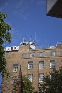 Ireland, North, Belfast, Ormeau Avenue, Exterior of the BBC television and radio with satelite