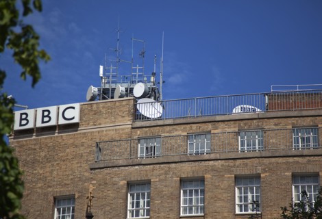 Ireland, North, Belfast, Ormeau Avenue, Exterior of the BBC television and radio with satelite