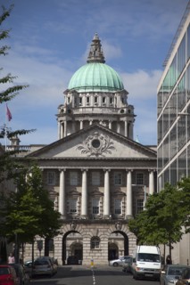 Ireland, North, Belfast, Bedford Street, View toward the back entrance to the City Hall.