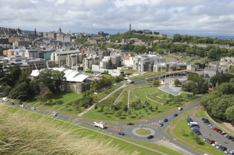 Edinburgh, Lothian, Scotland. Holyrood View over the new Scottish Parliament Builldings designed by