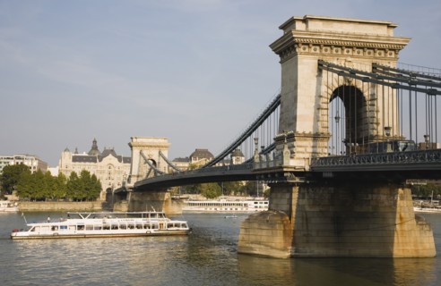 Budapest, Pest County, Hungary. Szechenyi Chain Bridge or Memory Bridge from Buda with pleasure