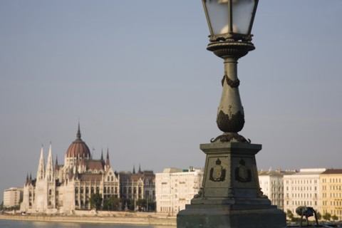 Budapest, Pest County, Hungary. Detail of Szechenyi Chain Bridge or Memory Bridge with Hungarian