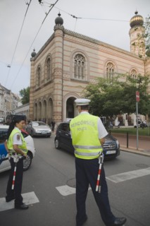 Budapest, Pest County, Hungary. Hungarian traffic police wearing high visability jackets on road