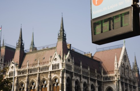 Budapest, Pest County, Hungary. Digital readout showing 25 degrees centigrade temperature with