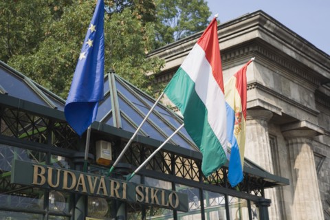 Budapest, Pest County, Hungary. Siklo Funicular Buda funicular railway station with EU Hungary and