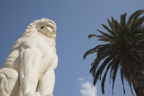 Samos Island, Northern Aegean, Greece. Vathy. Lion statue in Pythagoras Square set up in 1930 to