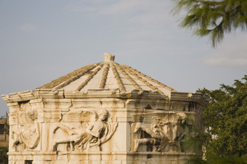 Athens, Attica, Greece. Tower of the Winds on the Roman Agora in Athens. Part view of octagonal