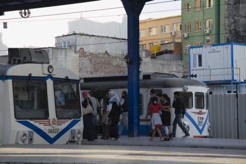 Istanbul, Turkey. Sultanahmet. Istanbul Sirkeci Terminal. Passengers boarding commuter train.