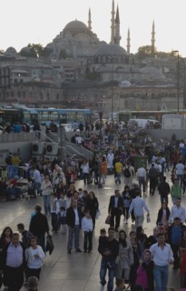 Istanbul, Turkey. Sultanahmet. Early evening crowds in front of Suleymaniye Mosque. Turkey Turkish