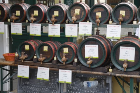 Vienna, Austria. The Naschmarkt. Display of barrels of wine for sale from the cask. Austria