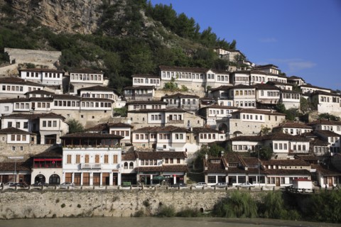Berat, Albania. Houses built on hillside on the banks of the River Osum. Albanian Shqip‘ria