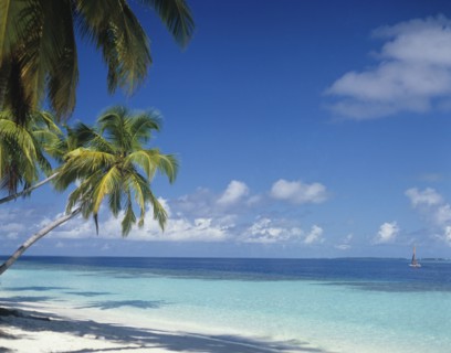 Beach, Maldives. Deserted beach with tourists on catamaran boat in the Indian Ocean. Maldives