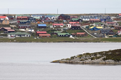 Stanley, Falkland Islands. Residential housing overlooking Stanley Bay red and green roofs single