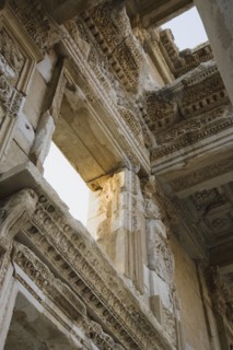 Selcuk, Izmir Province, Turkey. Ephesus. Detail of carved wall and ceiling of building in ancient